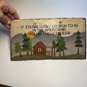 Vintage 1999 Plain Jane Mountain Home Scene Slate Hanging Plaque Decor